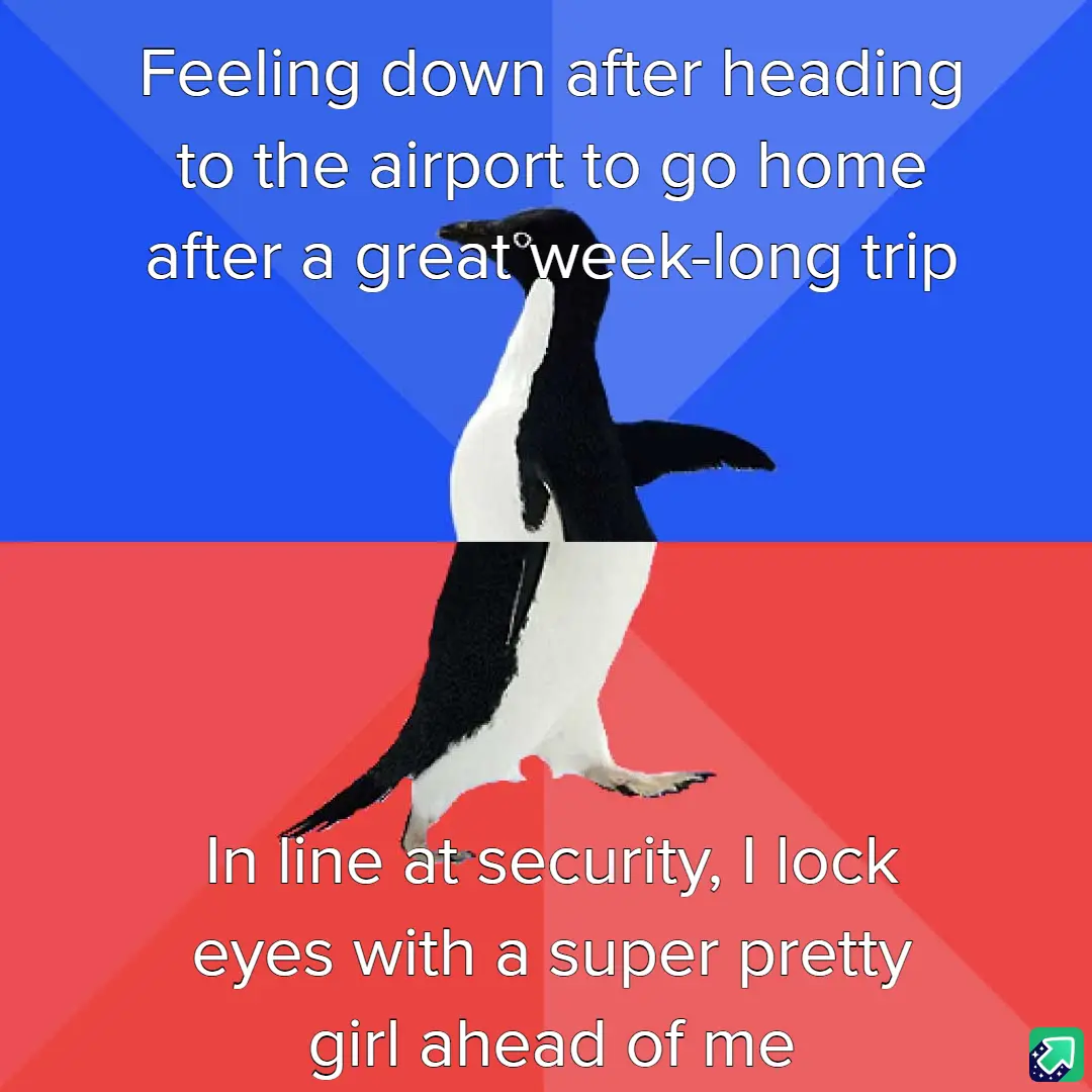 A penguin stands centered against a blue and red background, split horizontally. White text in the top blue section reads…