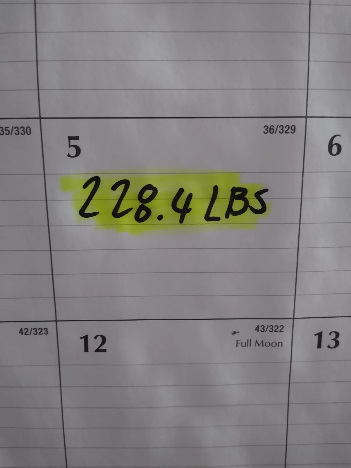 A close-up of a weight tracking log with handwritten text '228.4 LBS' highlighted in yellow marker on a grid-lined page. The…