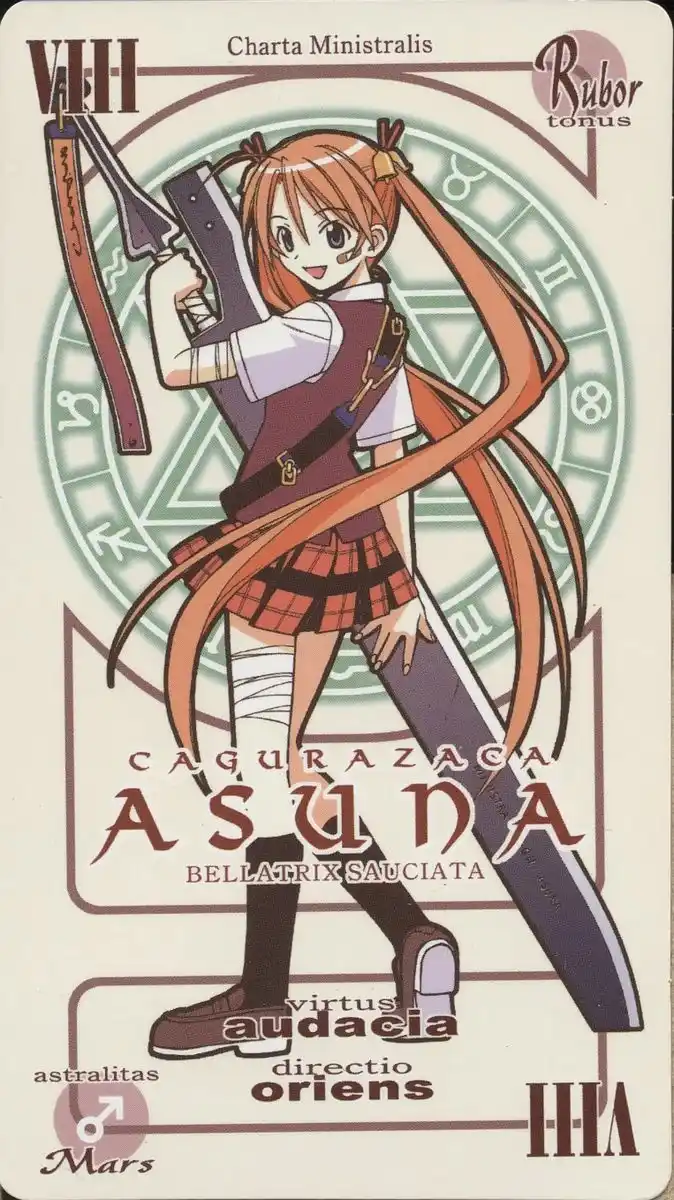 An anime-style illustration of a girl with long orange pigtails, wearing a school uniform and holding a large sword and a…