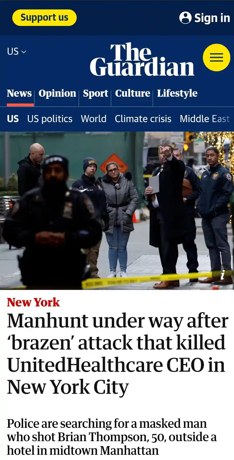 A screenshot of The Guardian's news article shows police officers at a crime scene with yellow tape, while the headline…