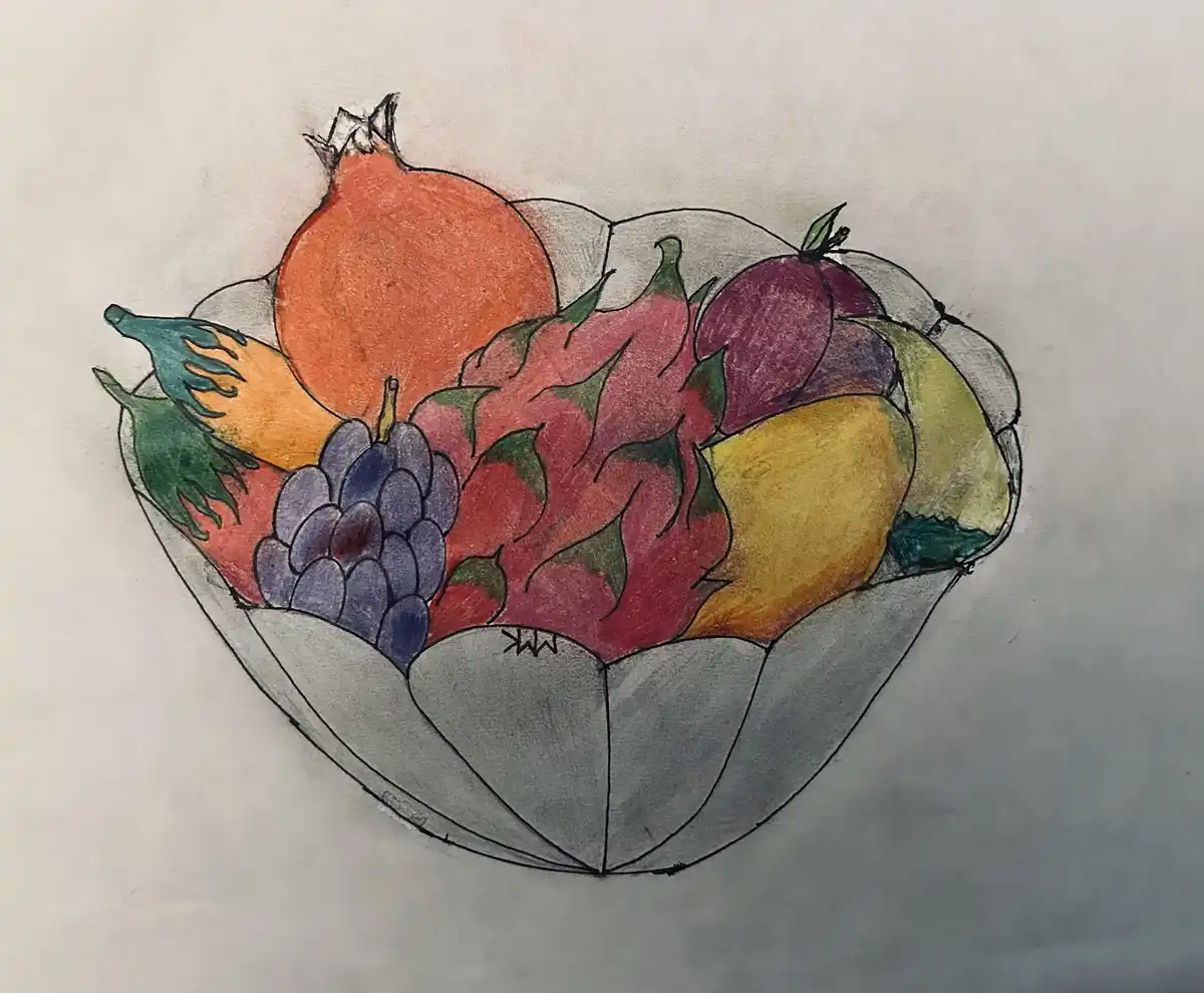 A hand-drawn colored pencil illustration shows a bowl filled with various fruits including a pomegranate, dragon fruit…