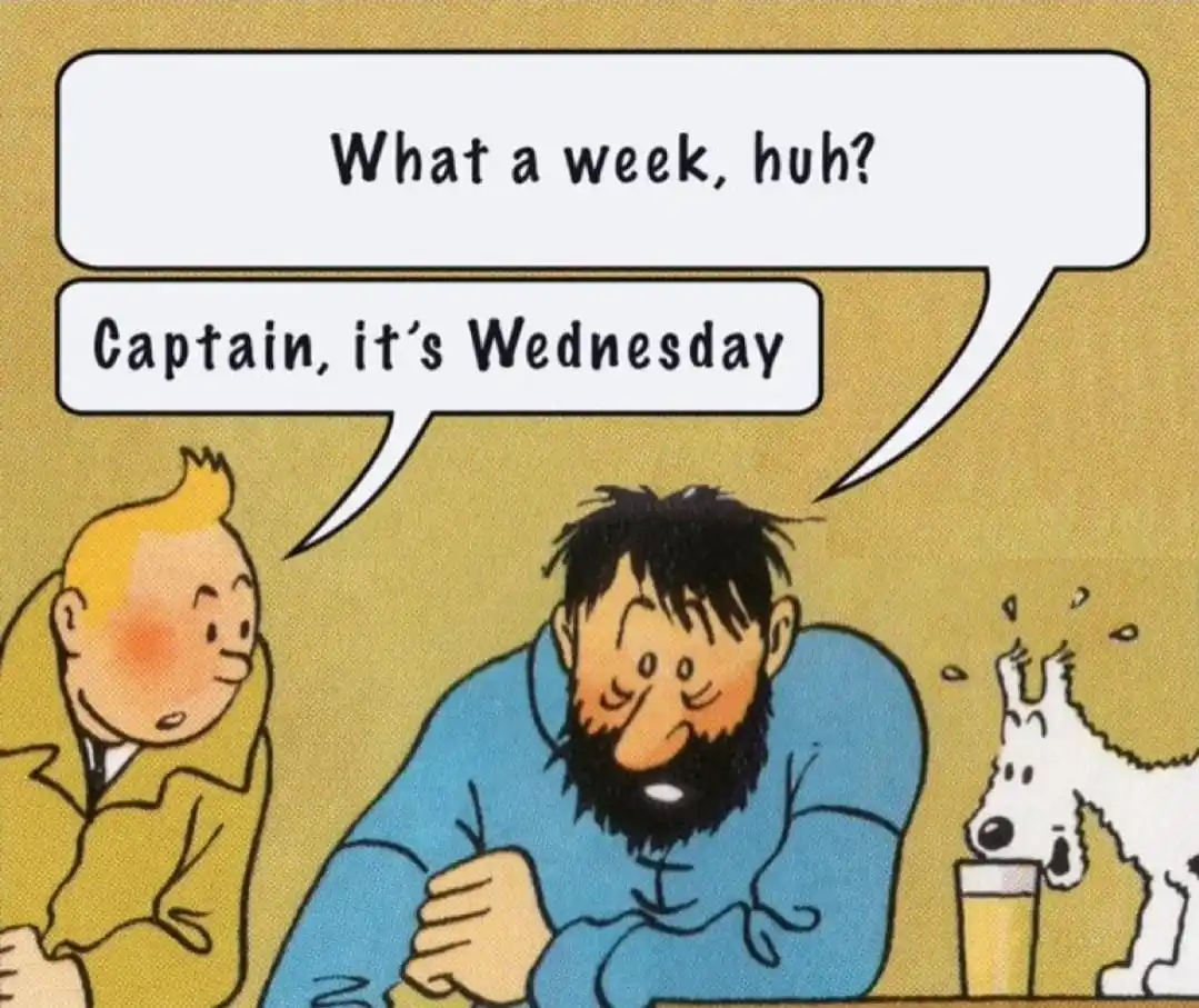 A comic panel shows Tintin looking at a weary Captain Haddock who slumps at a table, with his dog Snowy beside him. The…