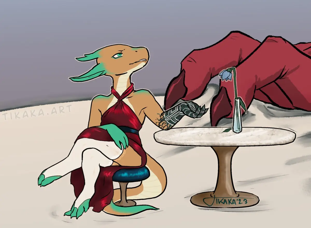 A stylized anthropomorphic dragon with green accents sits elegantly on a stool at a small table, looking upward with a smug…