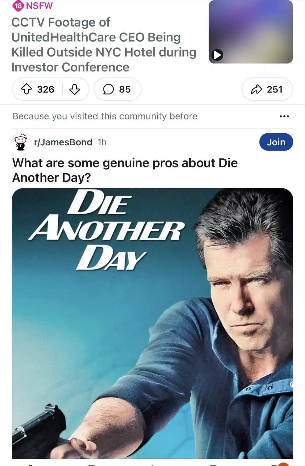 A Reddit post from r/JamesBond asks for genuine pros about the movie 'Die Another Day,' using the film's poster featuring…