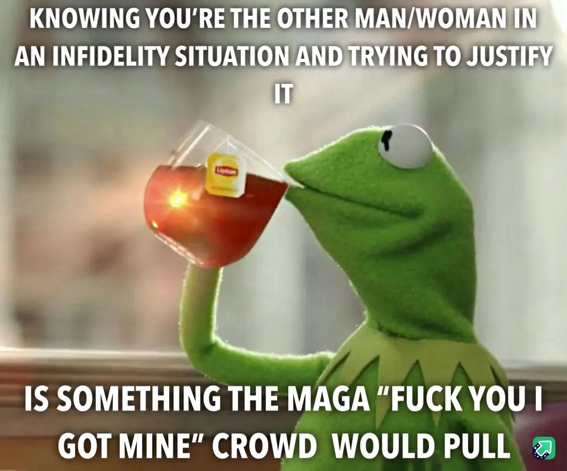 A green frog puppet, Kermit the Frog, is shown sipping tea from a glass with a Lipton tea bag visible. The image has white…