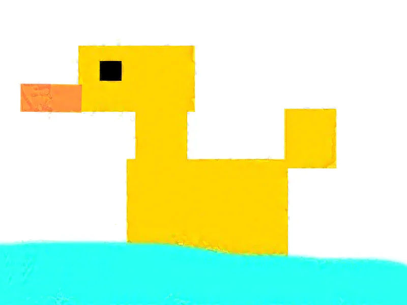 A pixelated, blocky yellow rubber duck with a black square eye and orange beak floats in bright cyan water. The duck is…