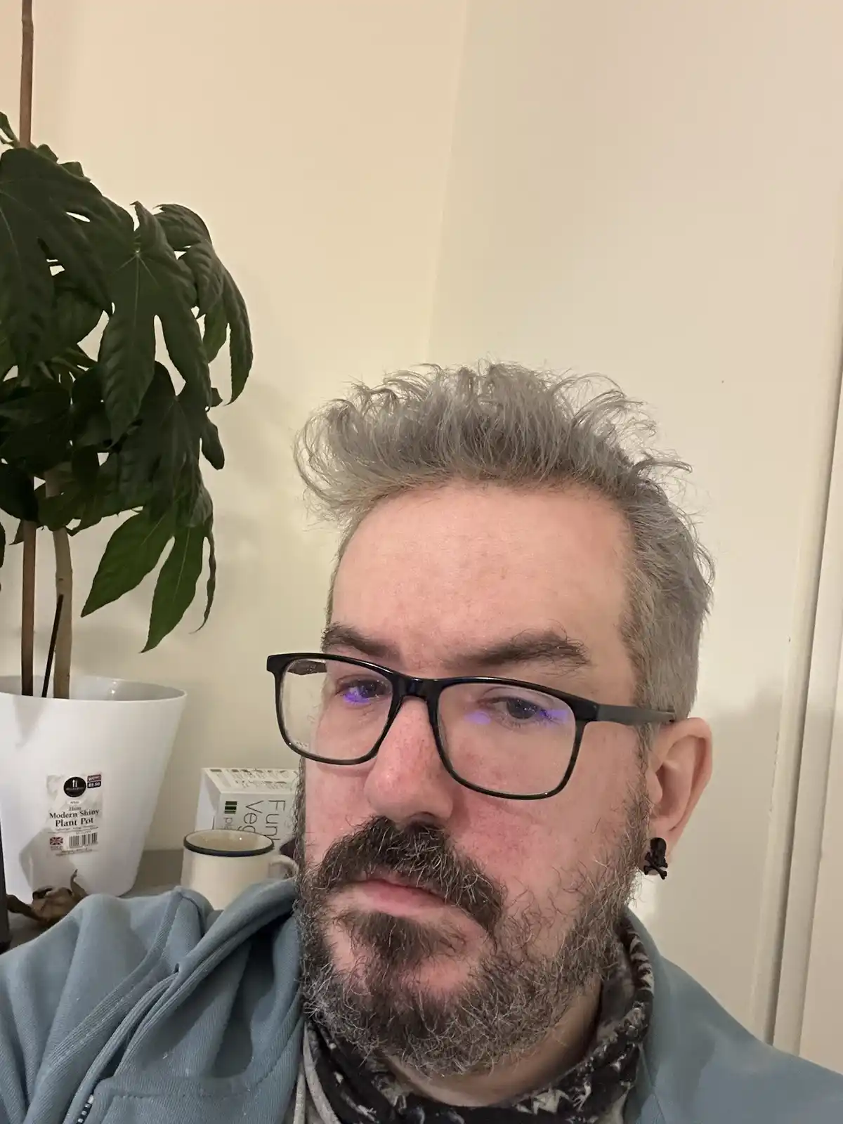A man with gray hair, glasses, and a beard stares blankly at the camera with a weary expression. Behind him, a potted plant…