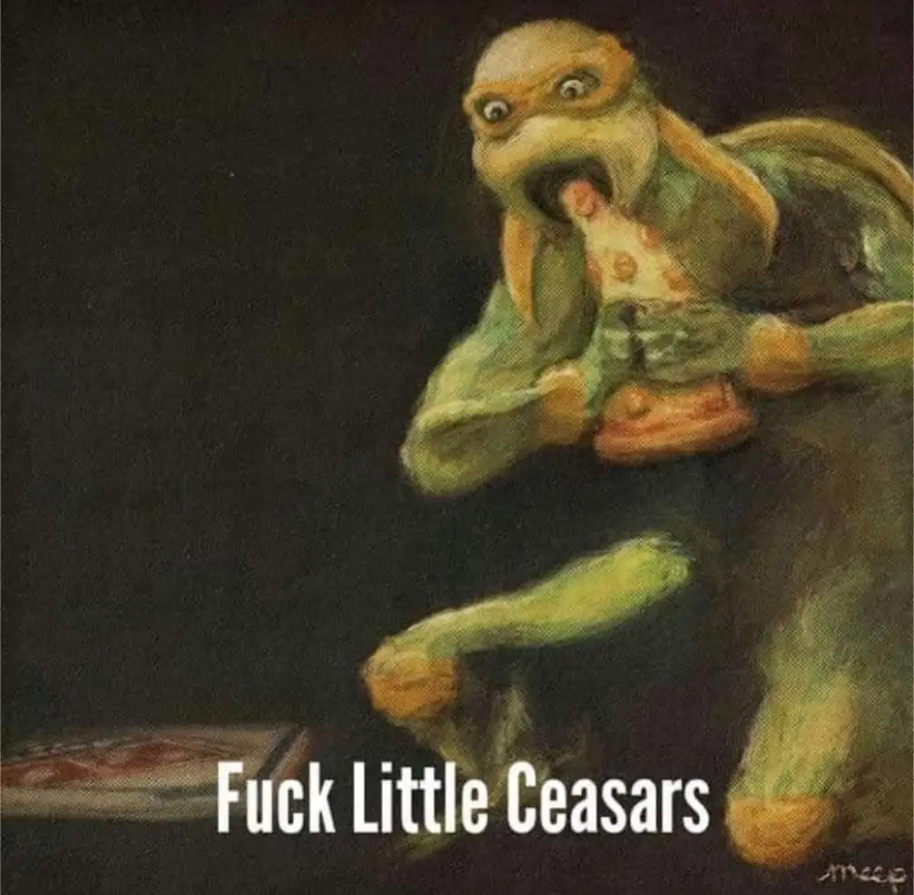 A painting-style image shows a green anthropomorphic turtle with an orange mask, sitting and eating a slice of pizza with an…
