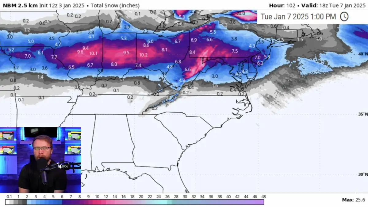 A weather map showing total snowfall predictions for the U.S. in January 2025, with intense purple and blue areas indicating…
