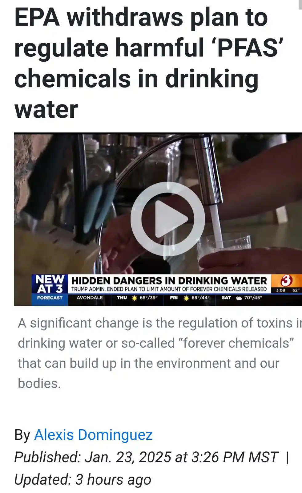A screenshot of a news article with a headline about the EPA withdrawing a plan to regulate PFAS chemicals in drinking…