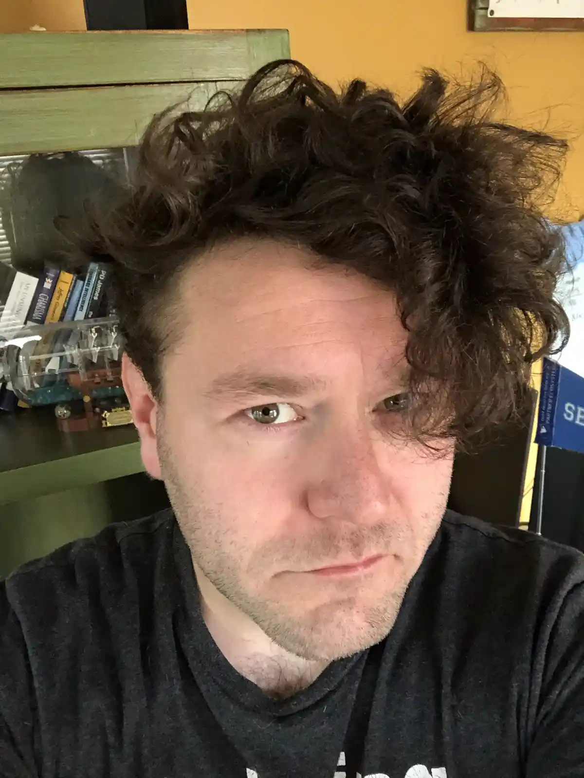 A man with messy, curly dark hair and a neutral expression looks at the camera. He wears a dark gray t-shirt and is seated…