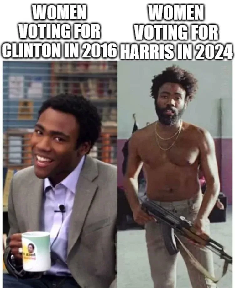 The meme features two side-by-side images of the same man, Donald Glover. On the left, he is smiling while wearing a suit…