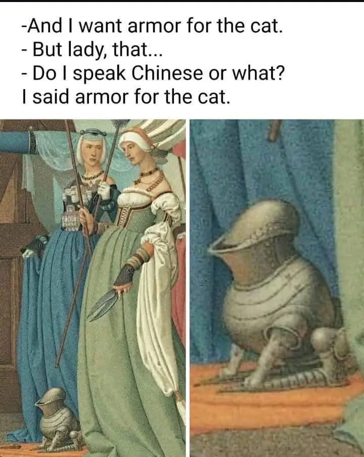 A split image shows two women in medieval-style clothing standing beside a small armored cat on the left, and a close-up of…