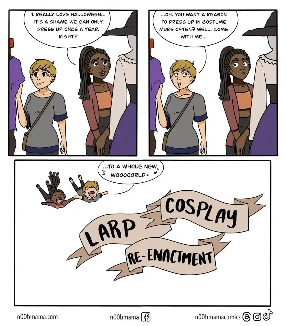 A three-panel comic shows two friends in a costume shop. The first panel has one character lamenting Halloween's annual…