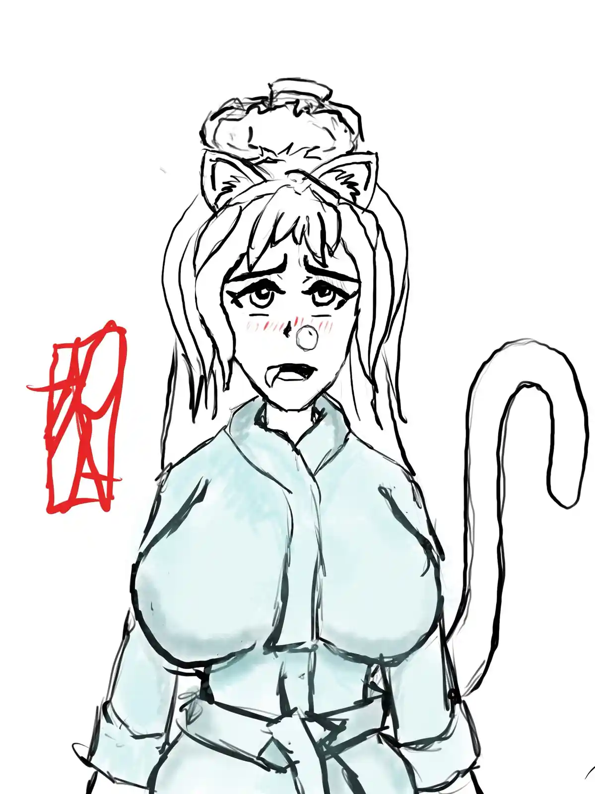 A sketch of an anime-style girl with cat ears and a tail, wearing a light blue shirt, looking shocked with blush marks on…