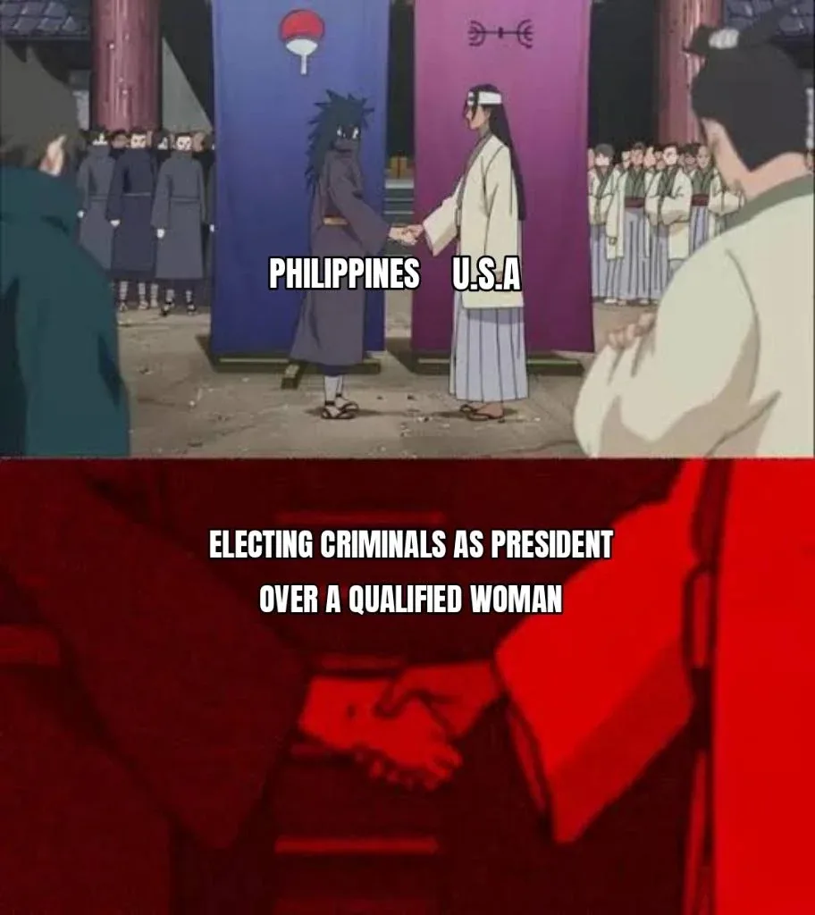 The image is split into two panels. The top panel shows two anime characters shaking hands, labeled 'PHILIPPINES' and…