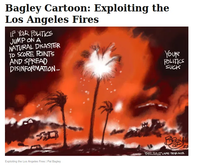 A cartoon depicts a fiery, apocalyptic scene with palm trees silhouetted against a blazing orange-red sky, suggesting a…