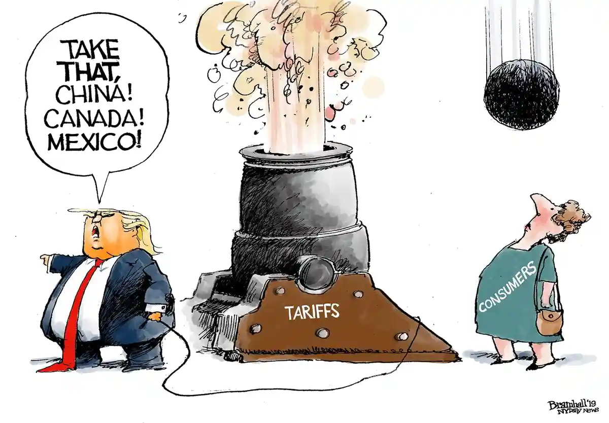 A cartoon depicts a caricature of Donald Trump yelling 'TAKE THAT, CHINA! CANADA! MEXICO!' while operating a large…