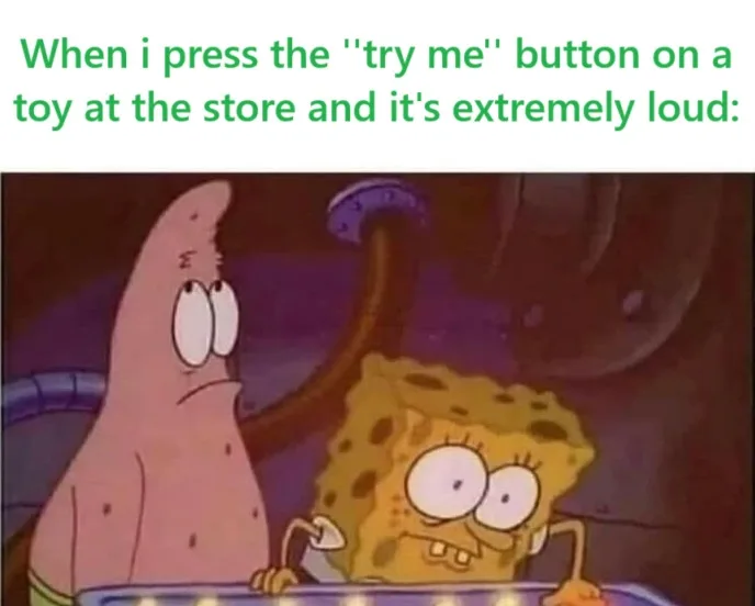 The image shows two cartoon characters, SpongeBob SquarePants and Patrick Star, looking shocked and wide-eyed while sitting…