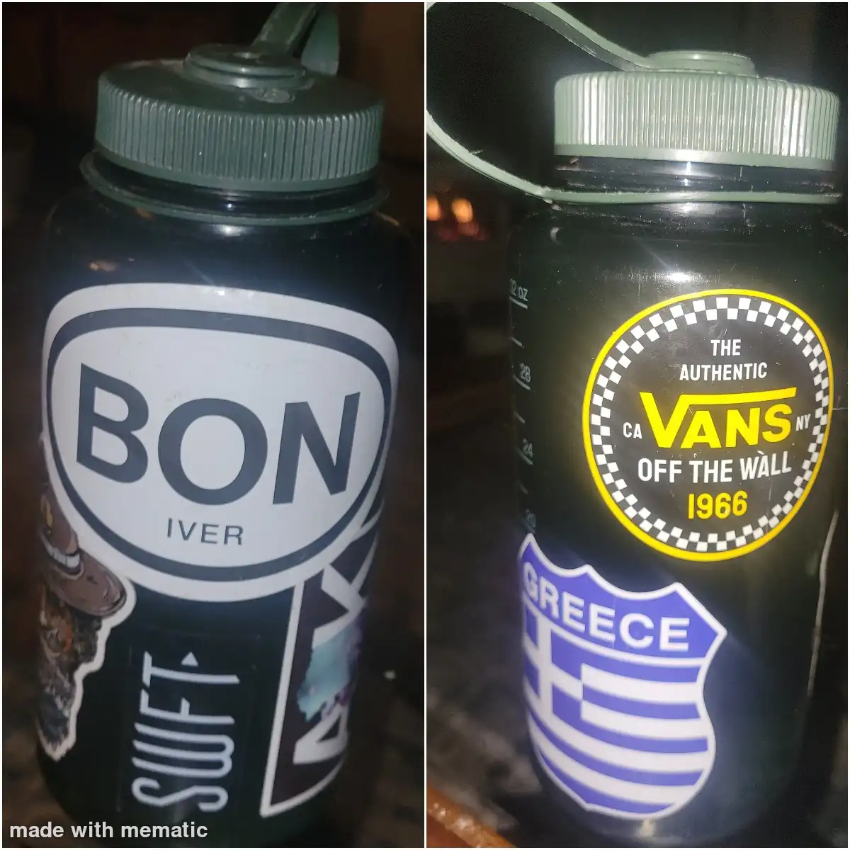 A split image shows a black water bottle with a 'BON IVER' sticker on the left and the same bottle with a 'THE AUTHENTIC…