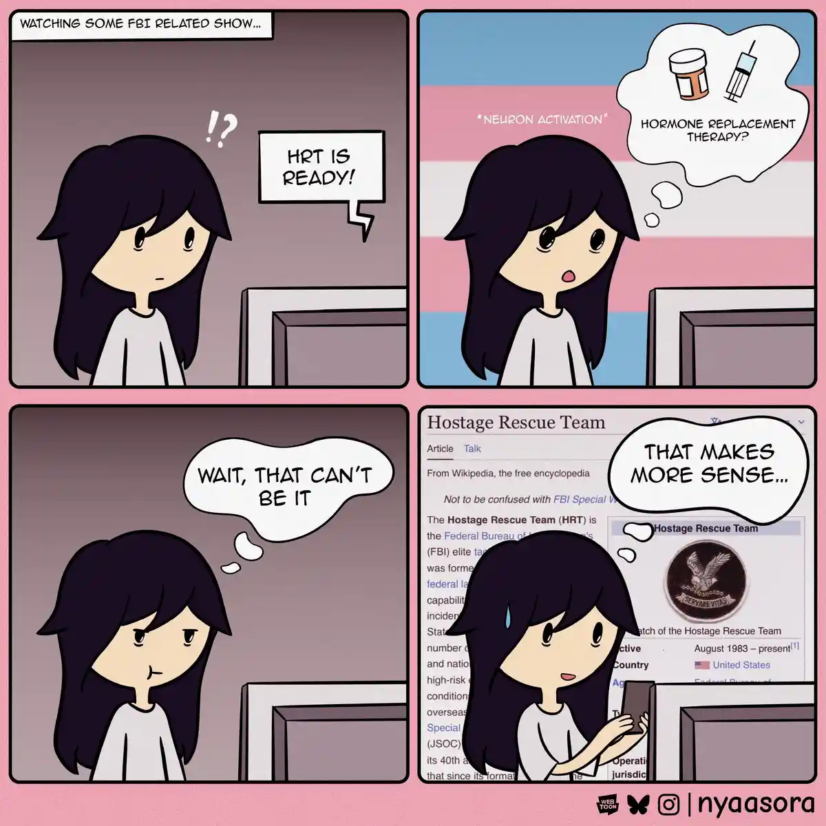 A four-panel comic shows a person watching an FBI-related show, confused by the acronym 'HRT' being used. They initially…