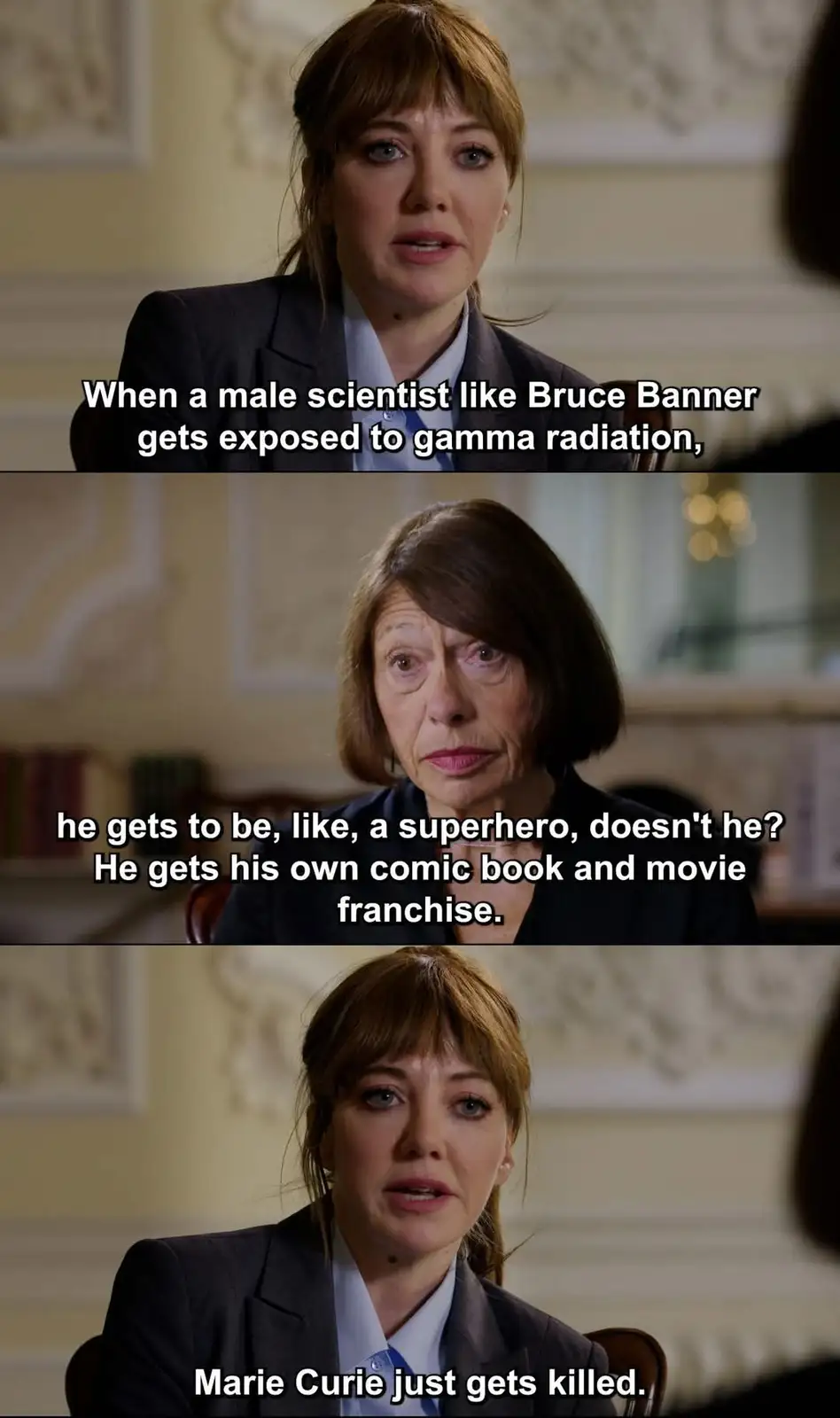 The meme features three panels from a scene with two women in a formal setting. The first woman says male scientists like…