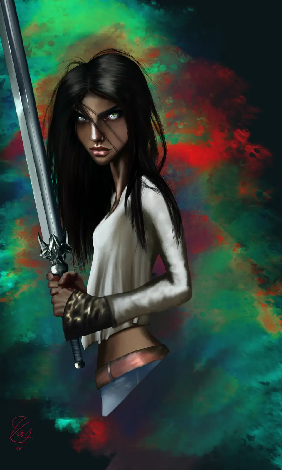 A digital illustration shows a fierce-looking woman with long dark hair and glowing green eyes, holding a large sword. She…
