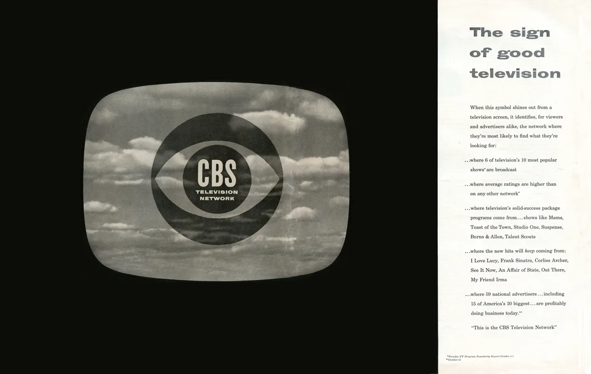 A vintage black-and-white advertisement for CBS Television Network, featuring a television screen displaying the CBS eye…