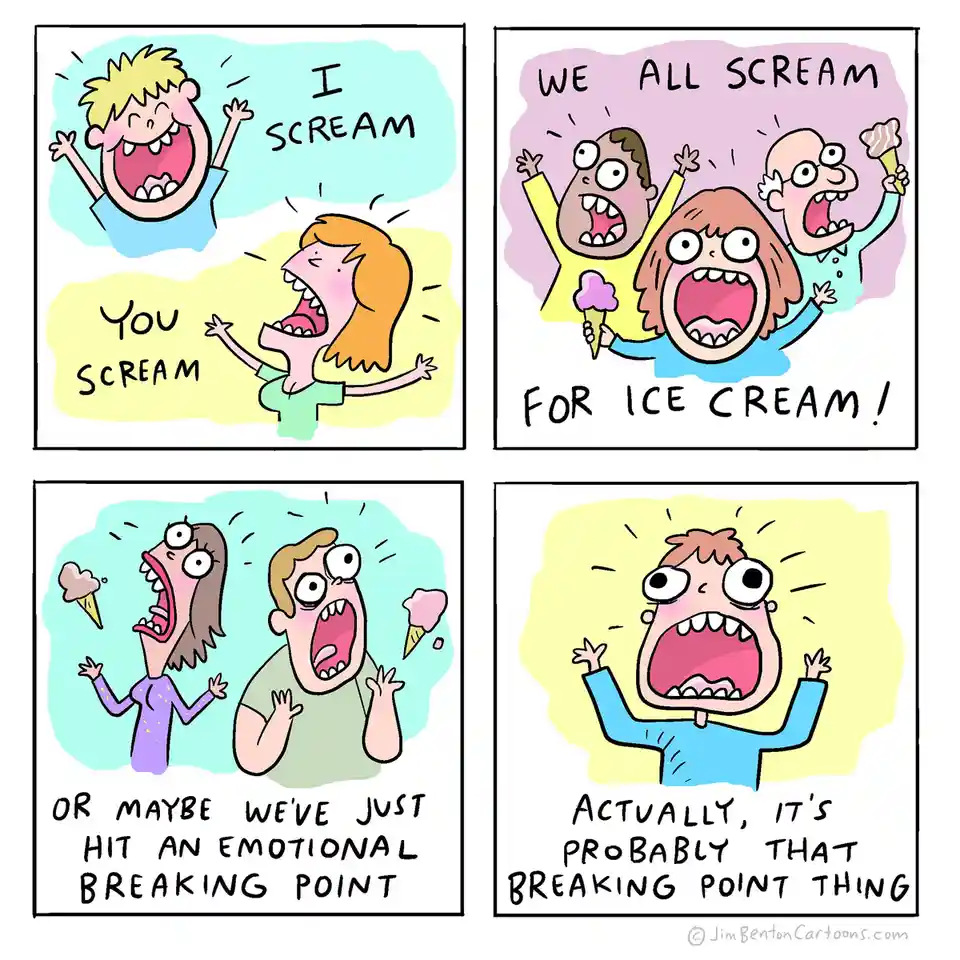 A four-panel comic strip shows cartoon characters screaming with exaggerated expressions. The first panel has a boy and girl…