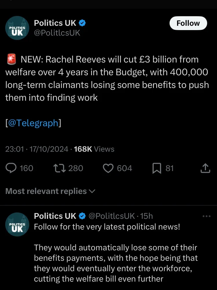 A screenshot of a Twitter post from 'Politics UK' showing a news tweet about Rachel Reeves cutting £3 billion from welfare…