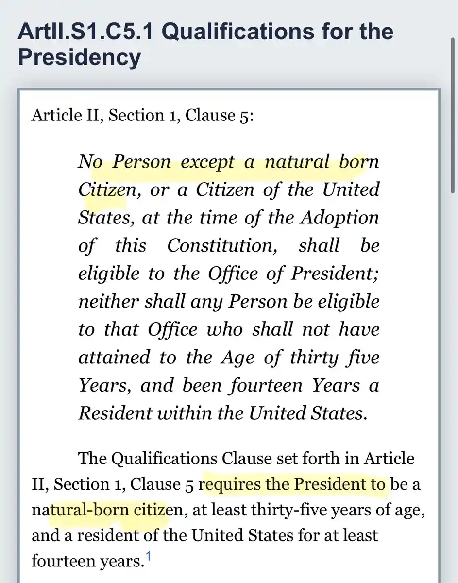 The image displays a screenshot of Article II, Section 1, Clause 5 of the U.S. Constitution, which outlines the…