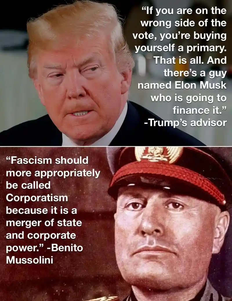 The image is split into two panels. The top panel shows Donald Trump looking serious with overlaid text attributing a quote…