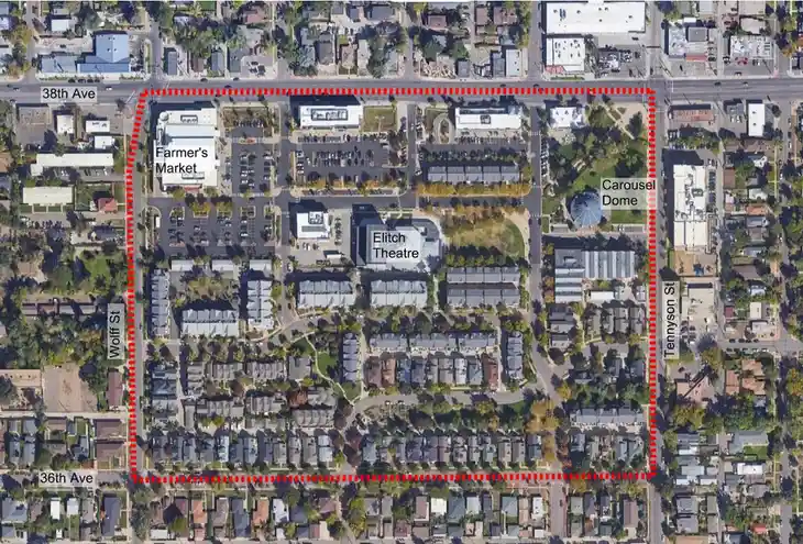 An aerial map view shows a red dotted rectangle outlining a large area bounded by 38th Ave, Tennyson St, Wolff St, and 36th…