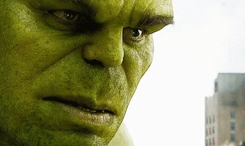 A sequence of six close-up frames shows the green-skinned Hulk's facial expression gradually shifting from a stern, angry…