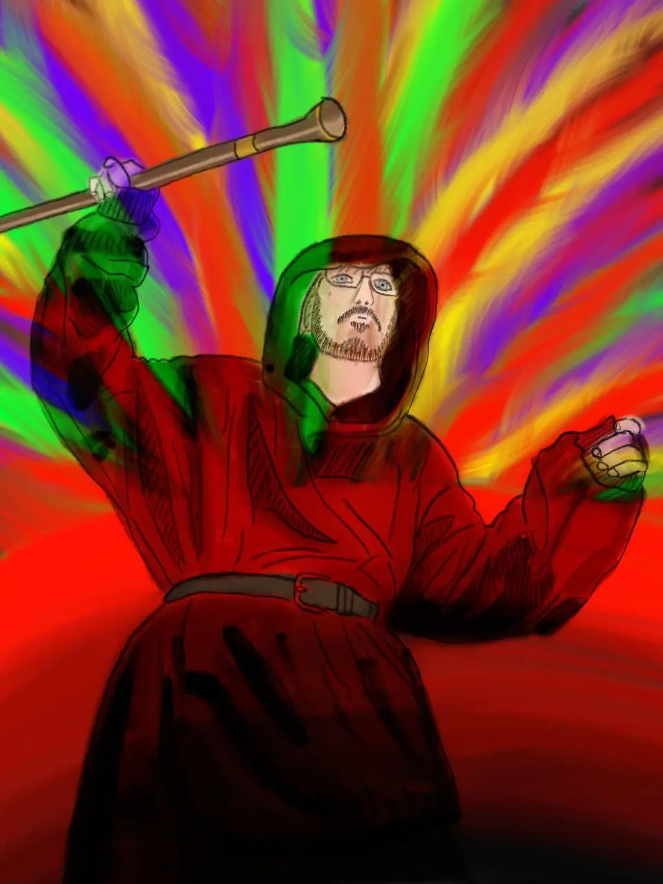 A digitally drawn man with glasses and a beard, wearing a red robe and green hood, holds a wooden staff aloft while standing…