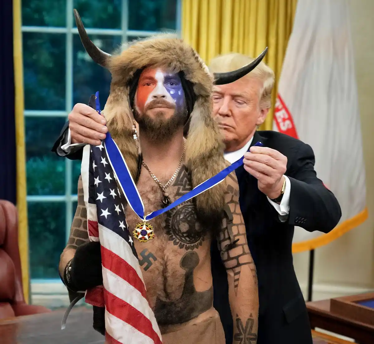 A digitally altered image shows a man with a furry horned hat, face painted with red, white, and blue, and tattoos including…