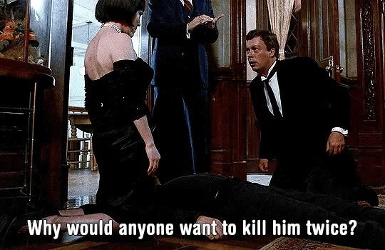 The image is a split-screen meme showing a scene from the movie 'Goldfinger' where a man in a tuxedo kneels beside a dead…