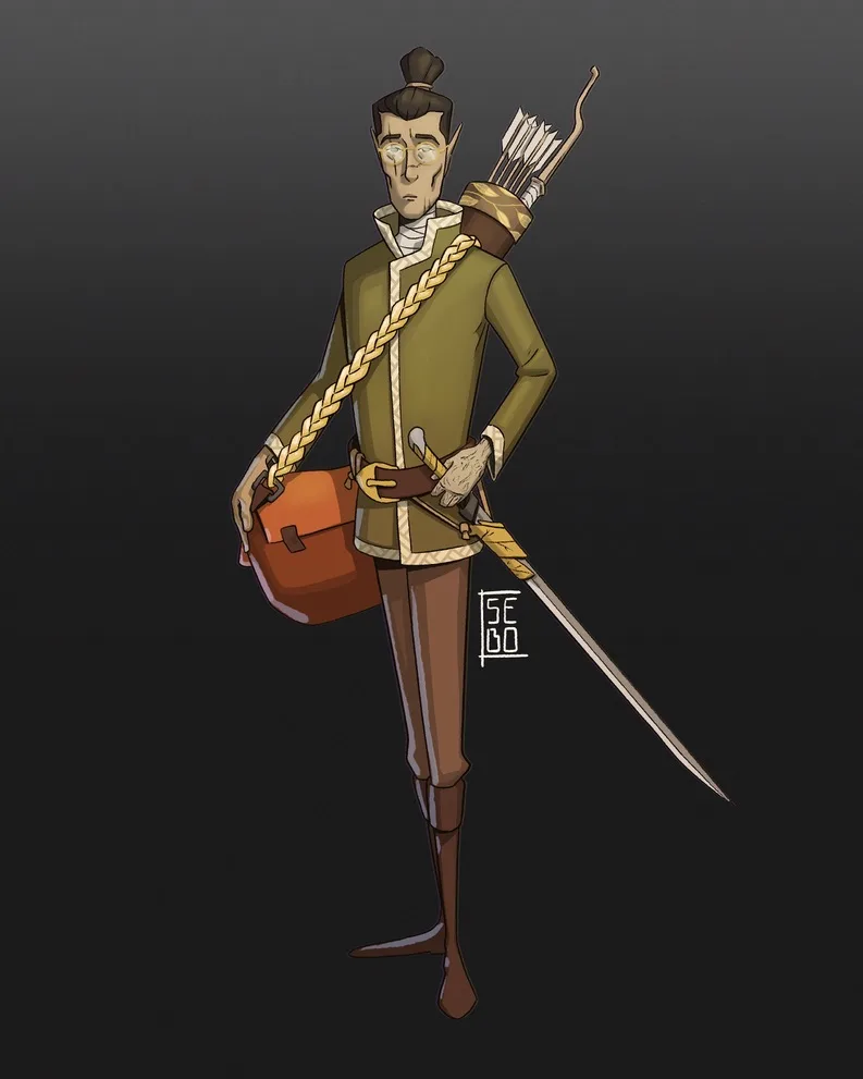 A cartoonish elf-like character with glasses, a topknot, and a weary expression stands against a dark background. He wears a…