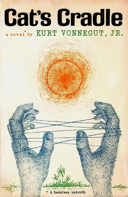 The image is the cover of Kurt Vonnegut's novel 'Cat's Cradle,' featuring two hands in blue ink weaving a string pattern…