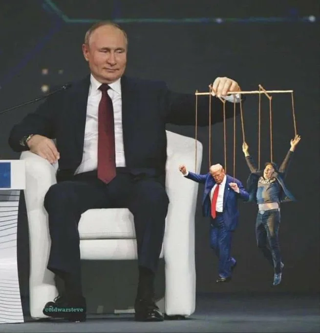 A large image of Vladimir Putin seated in a white chair, holding strings that control two smaller figures — Donald Trump and…