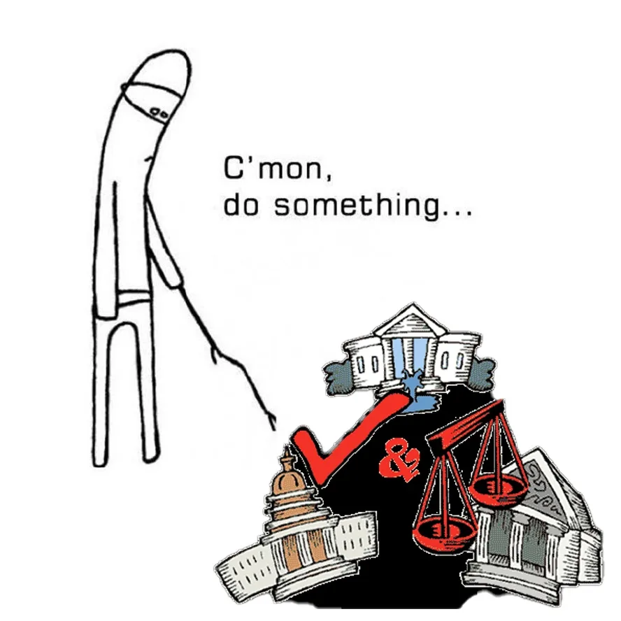 A stick figure with a bandaged head and a long stick points at a pile of toppled government buildings including the Capitol…