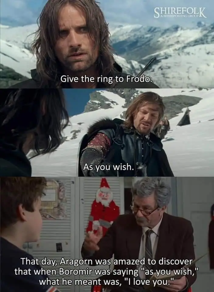 A three-panel meme. Top panel: Aragorn (from Lord of the Rings) looks serious against snowy mountains, with text 'Give the…