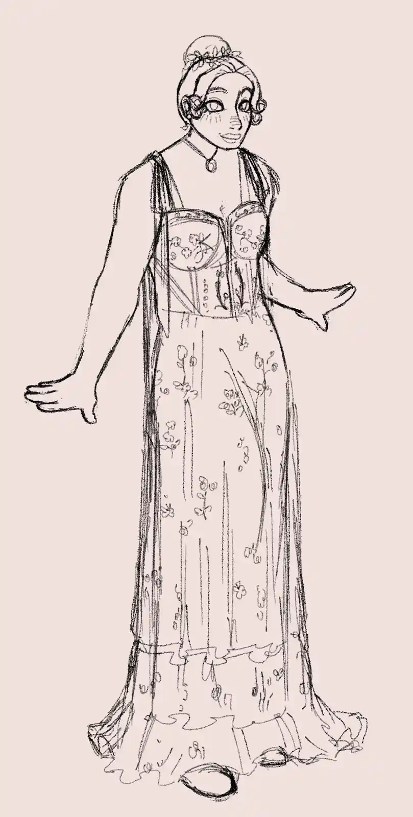 A black-and-white sketch of a woman in an ornate, floral-patterned gown with a corseted bodice and a high bun hairstyle…