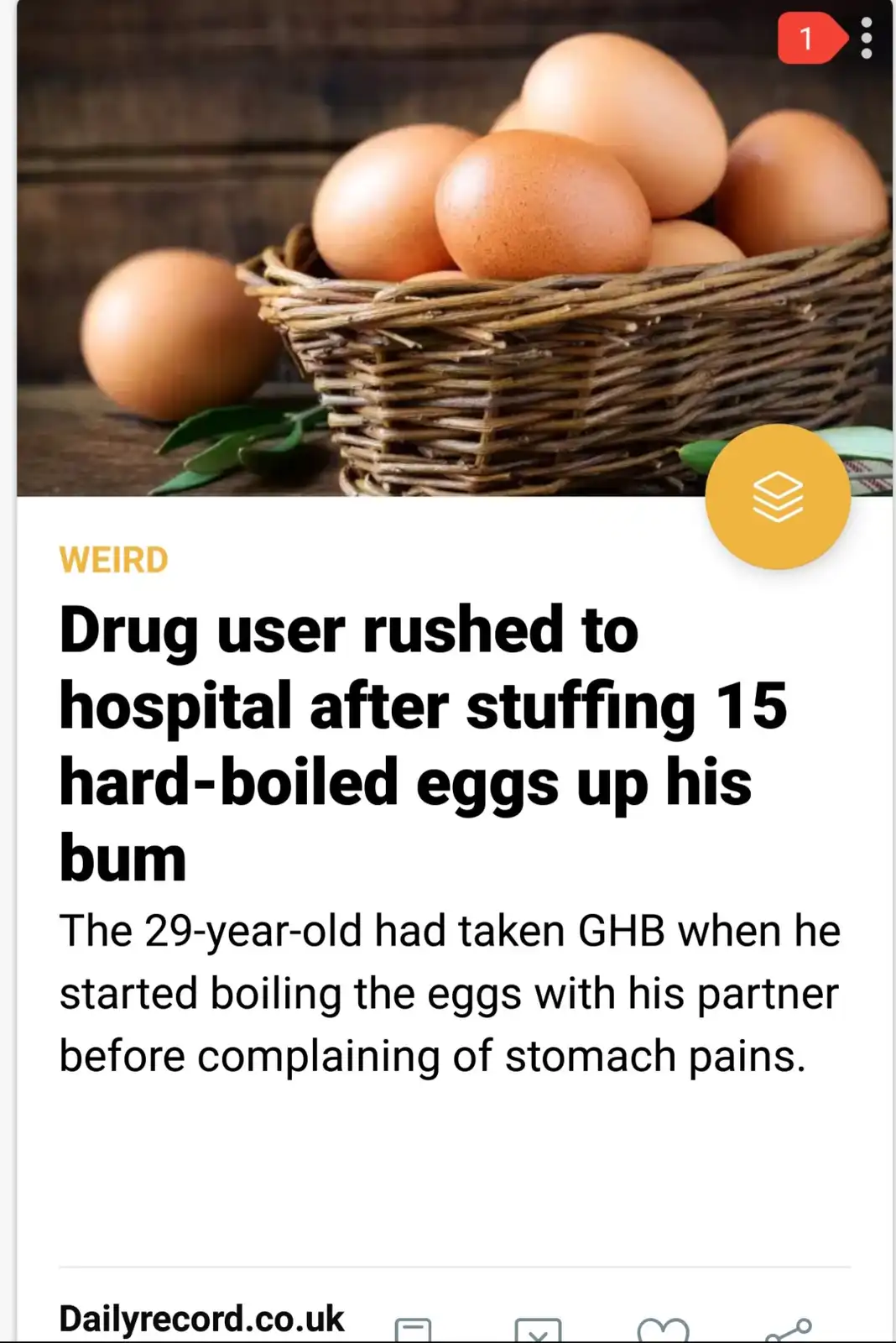 The image shows a basket of brown eggs on a wooden surface, overlaid with a news article headline that reads 'Drug user…