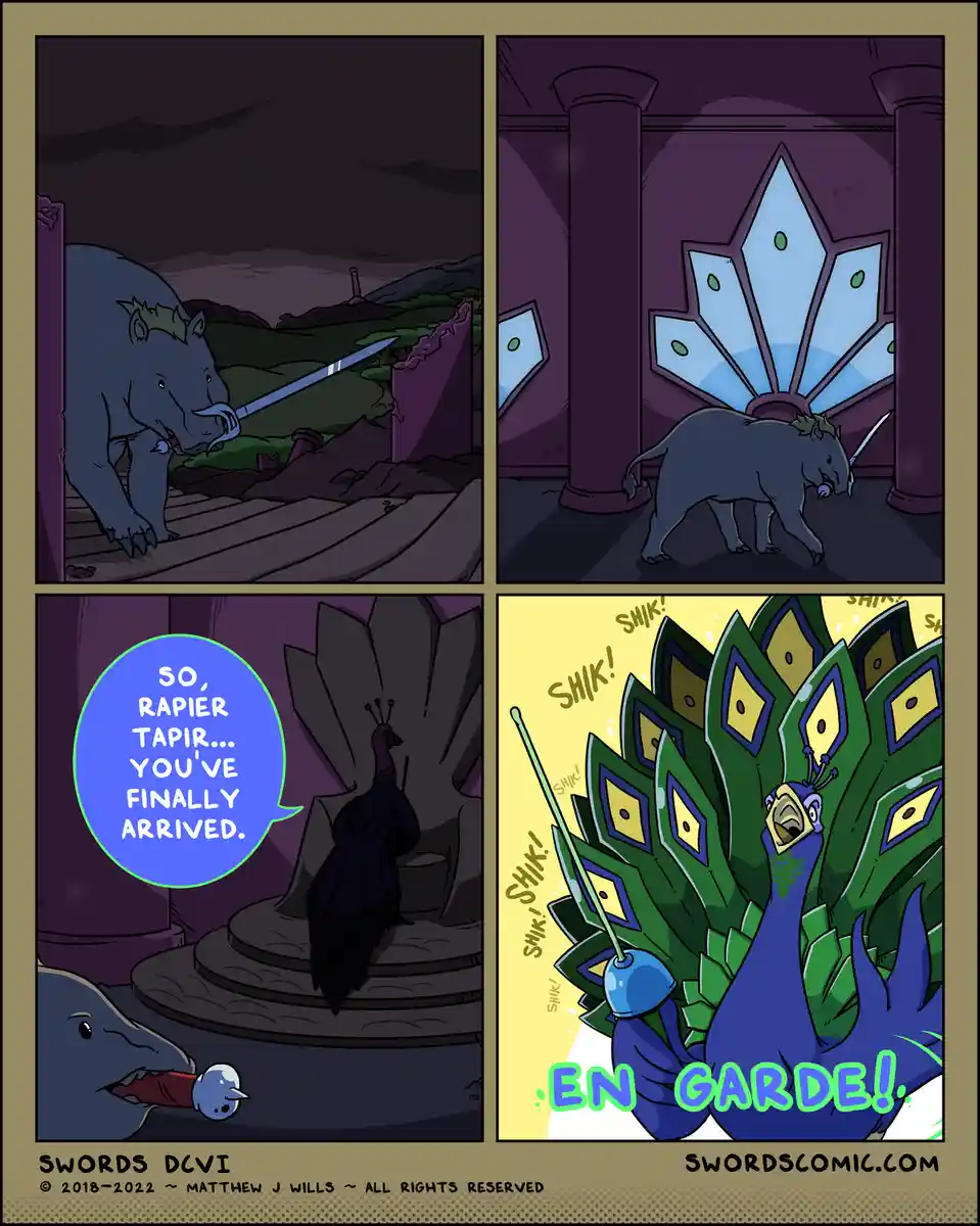 A four-panel comic shows a tapir wielding a sword entering a grand hall, encountering a peacock who says 'So, Rapier…