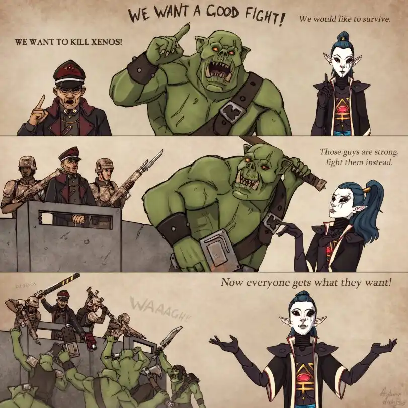 A three-panel comic strip shows a green orc, a human soldier, and an elf-like woman. In the first panel, the orc and soldier…