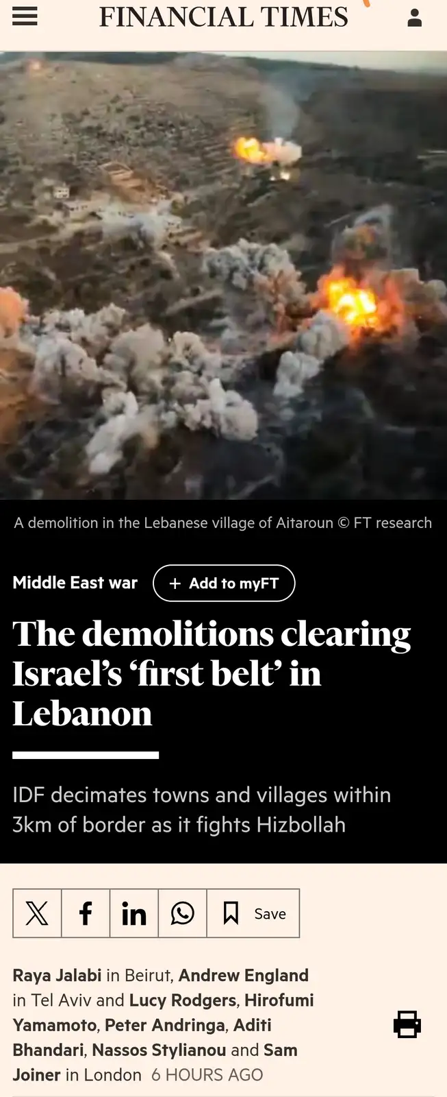 An aerial view shows multiple explosions and thick smoke rising from a rural landscape, overlaid with a Financial Times…