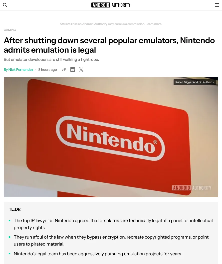 The image shows a close-up of the red Nintendo logo on a wall, from an Android Authority article. The overlaid headline text…