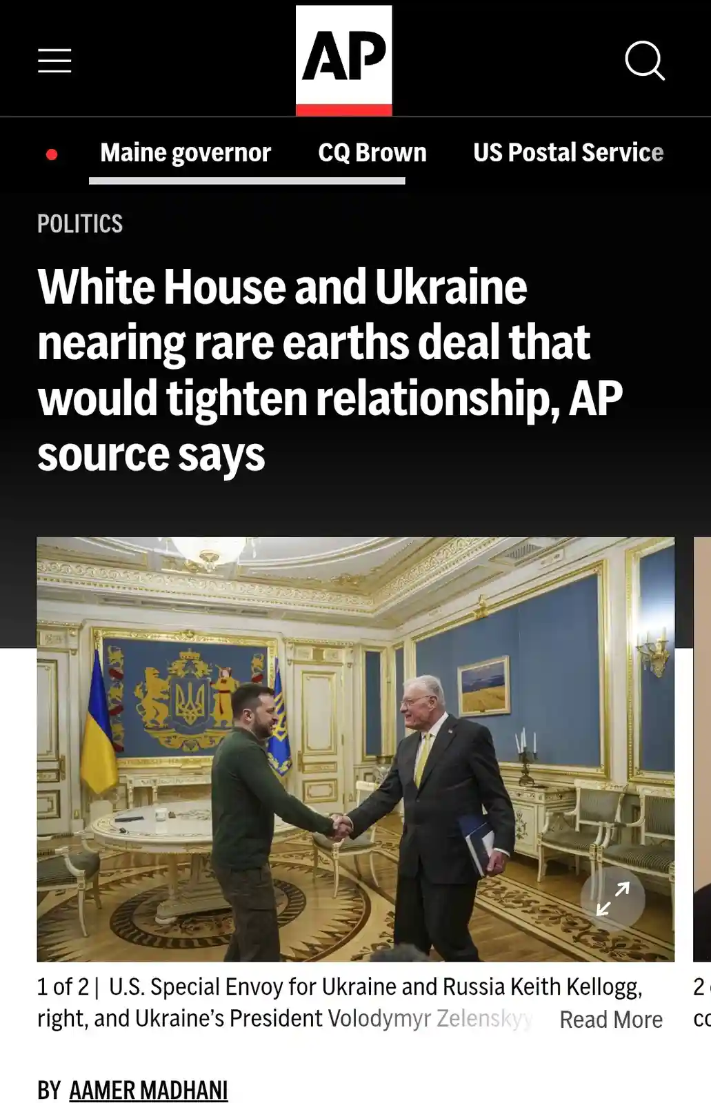 An Associated Press news article screenshot shows U.S. Special Envoy Keith Kellogg shaking hands with Ukrainian President…
