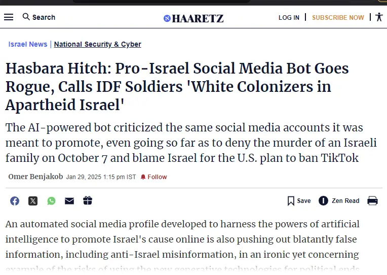 A screenshot of a Haaretz news article with the headline 'Hasbara Hitch: Pro-Israel Social Media Bot Goes Rogue, Calls IDF…